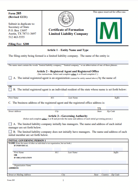 Texas Certificate of Formation