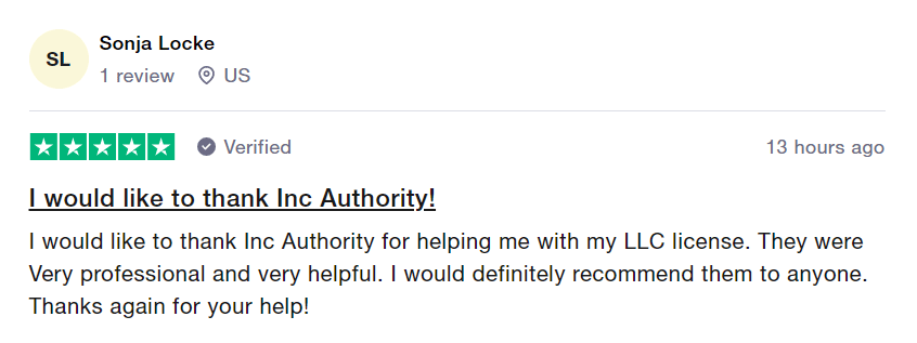 Inc Authority Customer Review Example from TrustPilot