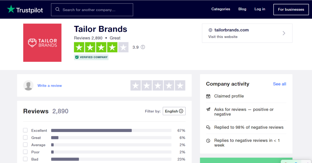 Tailor Brands Trust Pilot Reviews