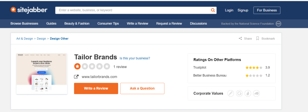 Tailor Brands Sitejabber Reviews